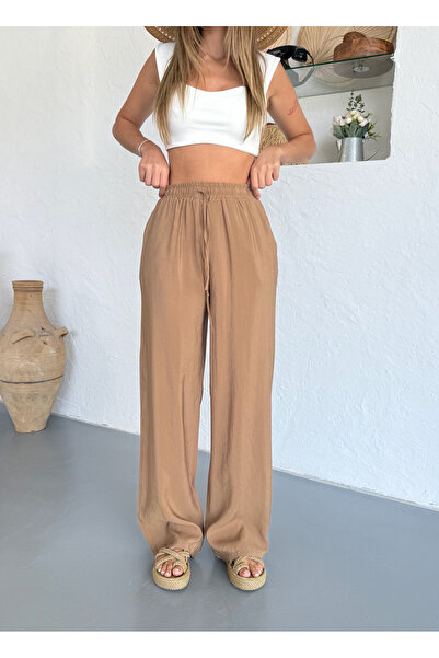 COMBİNE MİCHAİL Γυναικείο παντελόνι με φαρδύ πόδι και ελαστική μέση σε καφέ χρώμα