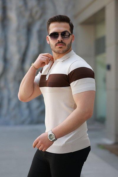 Aymood Men's Zipper Collar Stripe Color Pattern Short Sleeve T-Shirt