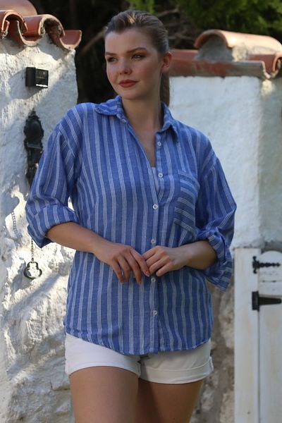 Chiccy Blue Shirt Collar Long Sleeve Striped Button Washed Casual Woven Shirt 70 56