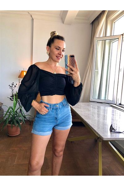 Gözde Tasarım Butik Women's Blue Color Folding Leg Short Lycra Denim Shorts