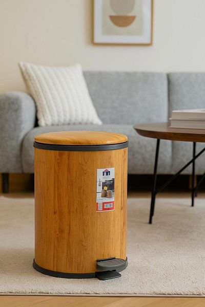 MOSTAFA Wood Color Waste Bin with Hydraulic Lid and Pedal, 6L
