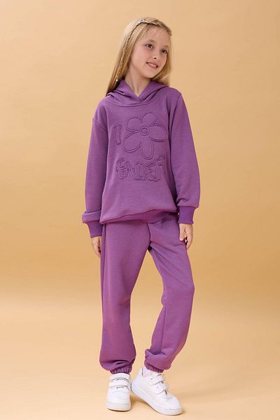 Perendi Girl's Hooded Floral Appliqued Bottom Top Seasonal Suit – Purple