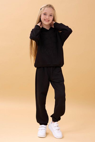 Perendi Girl's Hooded Floral Appliqued Bottom Top Seasonal Suit – Black