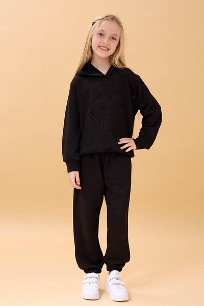 Perendi Girl's Hooded Floral Appliqued Bottom Top Seasonal Suit – Black