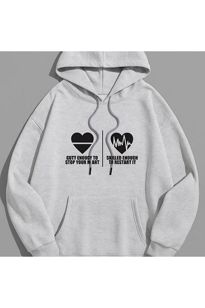 CLASSY.MODA Heart and Ecg Pattern Hooded Sweatshirt - Romantic and Stylish Design