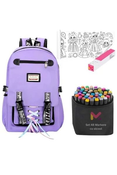 MCT Children's Backpack, Waterproof, USB Port, 30 x 14 x 47 cm, Violet with Adhesive Drawing Paper Roll