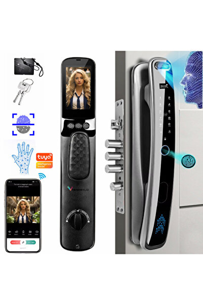 VisionHub Încuietoare inteligentă pentru ușă cu recunoaștere facială 3D, cameră video, amprentă digitală, card, parolă, NFC, cheie, Tuya