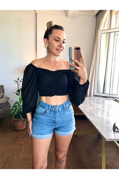 Gözde Tasarım Butik Women's Blue Color Folding Leg Short Lycra Denim Shorts