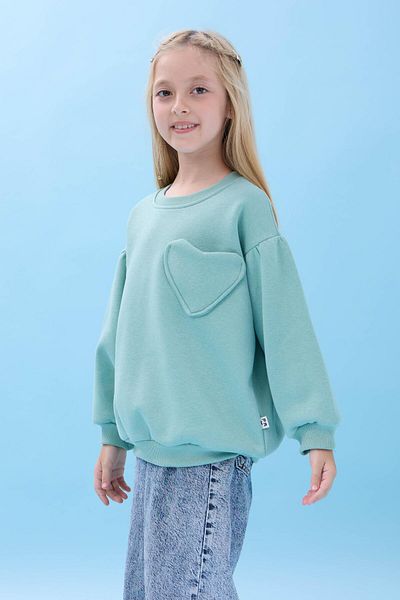 Perendi Girl's Heart Pocket Detailed Balloon Sleeve Hooded Sweatshirt - Çağla