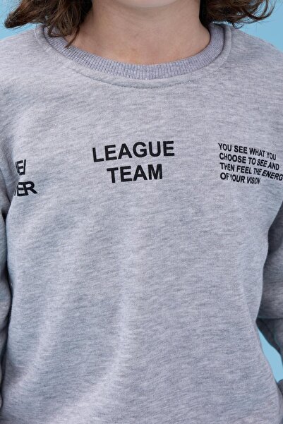 Perendi Boy's Crew Neck Printed Seasonal Top and Bottom Set - Gray