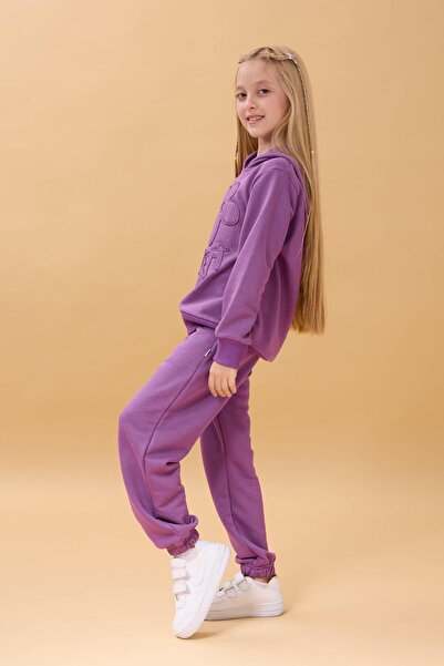 Perendi Girl's Hooded Floral Appliqued Bottom Top Seasonal Suit – Purple