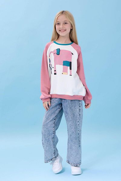 Perendi Girl's Elephant Printed Crew Neck Oversize Seasonal Sweatshirt - Ecru/Dried Rose
