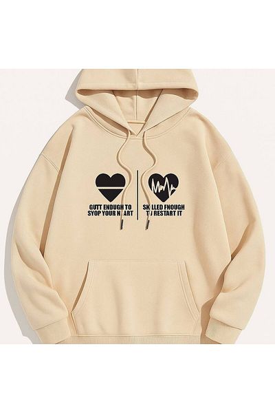 CLASSY.MODA Heart and Ecg Pattern Hooded Sweatshirt - Romantic and Stylish Design