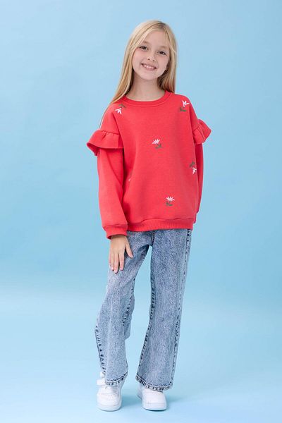 Perendi Girl's Ruffle Detailed Floral Embroidered Hooded Oversize Sweatshirt - Pomegranate Flower