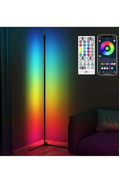 Generic مصباح أرضي LED RGB مزود بتقنية البلوتوث من HuHa - تصميم زاوية مع جهاز تحكم عن بعد ومزامنة الموسيقى وD