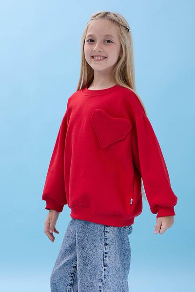 Perendi Girl's Heart Pocket Detailed Balloon Sleeve Hooded Sweatshirt - Red