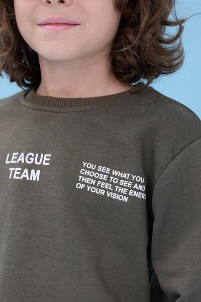 Perendi Boy's Crew Neck Printed Seasonal Top and Bottom Set - Khaki