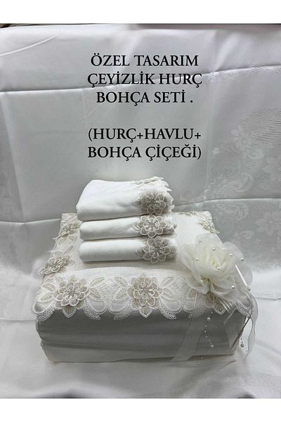 HMZ Special Design Dowery Set. Linen Zippered Bag + Towel + Bagflower