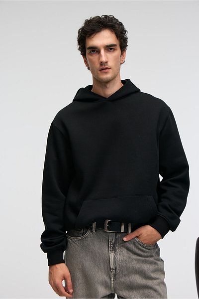 GRIMELANGE Amos men's soft fabric 3 thread o Oversized k Hooded kangaroo pocket black sweatshirt