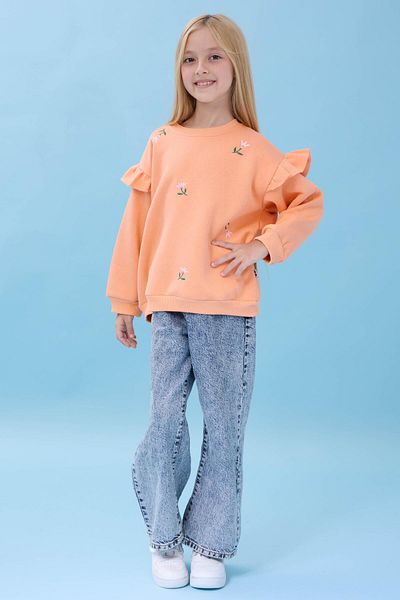 Perendi Girl's Ruffle Detailed Floral Embroidered Hooded Oversize Sweatshirt - Peach