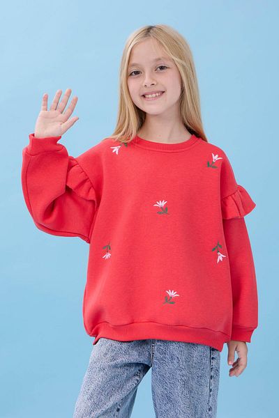 Perendi Girl's Ruffle Detailed Floral Embroidered Hooded Oversize Sweatshirt - Pomegranate Flower