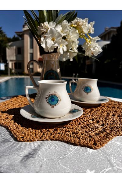 MAMALİZA Set of 2 Evil Eye Patterned Porcelain Coffee Cups – 200 ml