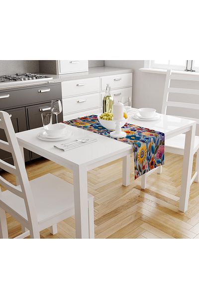 Şah Dekor Punch Embroidery Pattern Digital Printed Runner Tablecloth in Blue Yellow Colors 45X100
