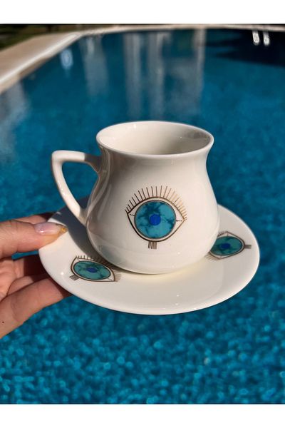 MAMALİZA Set of 2 Evil Eye Patterned Porcelain Coffee Cups – 200 ml