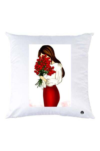 Generic Girl And Flower Printed Throw Pillow White/Red/Brown
