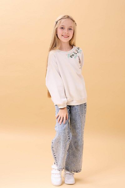 Perendi Girl's Giraffe Embroidered Seasonal Oversize Sweatshirt – Stone