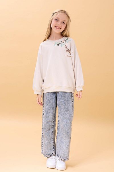 Perendi Girl's Giraffe Embroidered Seasonal Oversize Sweatshirt – Stone