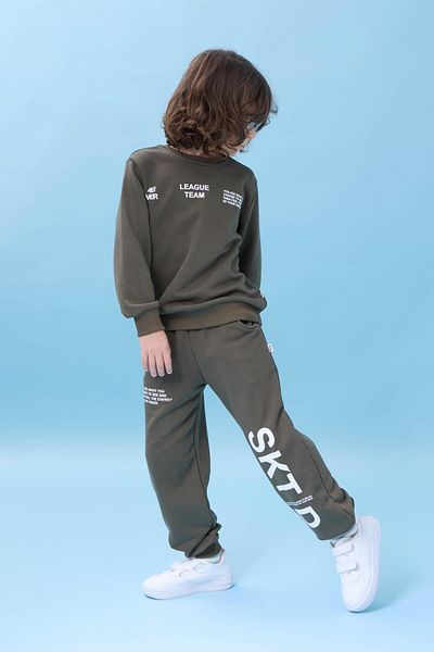 Perendi Boy's Crew Neck Printed Seasonal Top and Bottom Set - Khaki