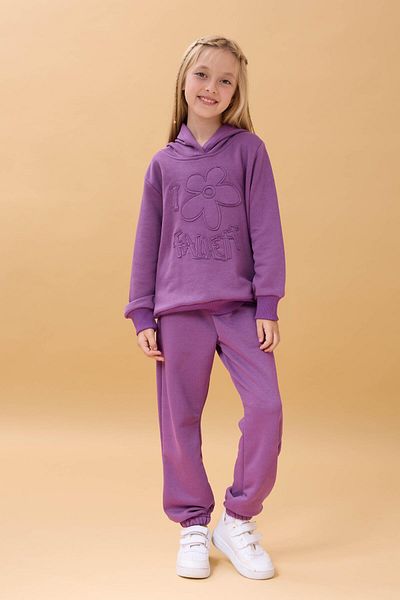 Perendi Girl's Hooded Floral Appliqued Bottom Top Seasonal Suit – Purple