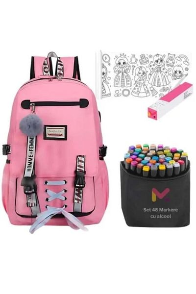 MCT Children's Waterproof Backpack with USB Port, Self-Adhesive Roll for Drawing, 48 Markers and Accesso