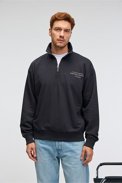 GRIMELANGE Bram Men's 100% Cotton Stand Collar Half Zipper Printed Anthracite Sweatshirt