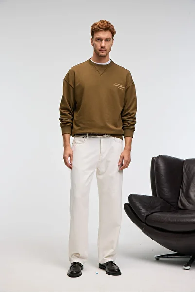 GRIMELANGE Caspian Men's 100% Cotton Crew Neck Karyoka Stitched Printed Khaki Sweatshirt