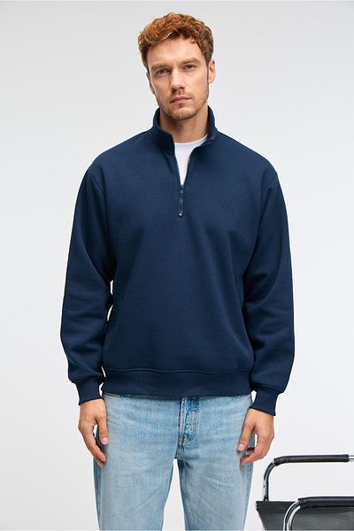 GRIMELANGE Baxter Men's Stand Collar Zippered Relaxed Navy Blue Sweatshirt