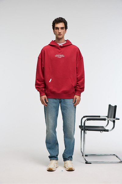GRIMELANGE Clay Men's 100% Cotton Hooded Snap Fastener Printed Pocket Ornamental Label Red Sweatshirt