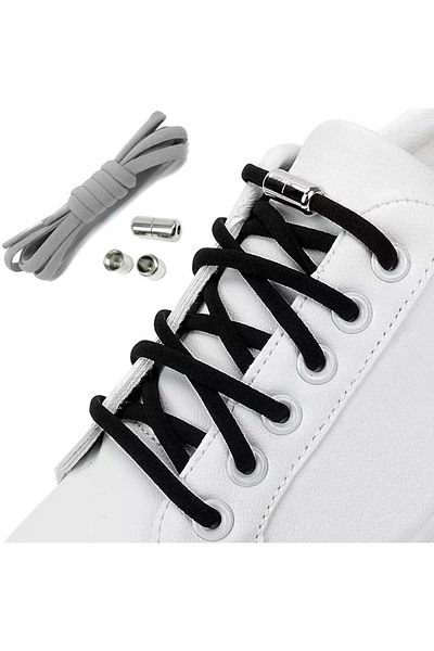 OEM Elastic Shoelaces with NO TOUCH system with Metal Capsule, Round, Gray