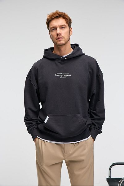 GRIMELANGE Clay men's 100% cotton Hooded snap Printed pocket decorated label anthracite sweatshirt