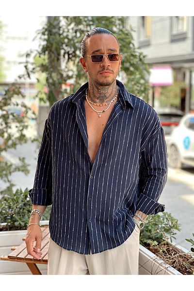 manch collection Oversize Striped Linen Shirt Navy Blue