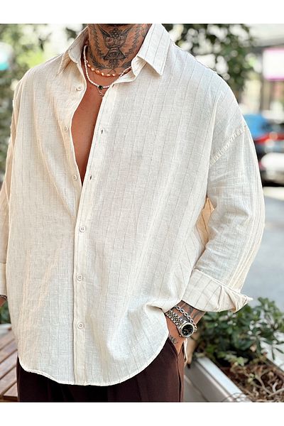 manch collection Oversize Striped Linen Shirt Cream