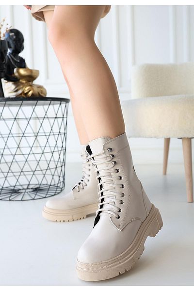 Celira Beige Skin Lace Up Boots