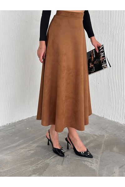 MaxiMor Women's Hijab Suitable Suede Fabric Kiloş Bell Skirt - Tan Color Height 90cm