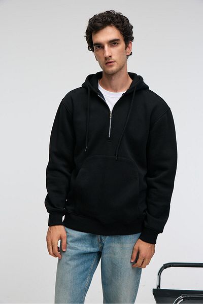 GRIMELANGE Justus Men's Hooded Kangaroo Pocket Zipper Collar Black Sweatshirt