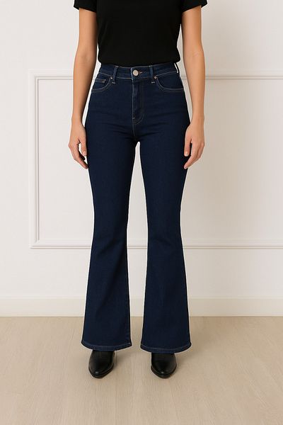 DELDNM Vanessa Women's Navy Blue High Waist Lycra Flare Spanish Leg Jean Jeans
