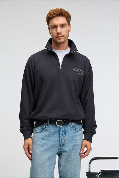 GRIMELANGE Bram Men's 100% Cotton Stand Collar Half Zipper Printed Anthracite Sweatshirt