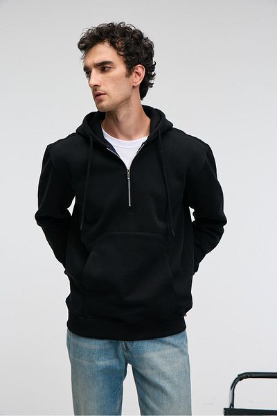 GRIMELANGE Justus Men's Hooded Kangaroo Pocket Zipper Collar Black Sweatshirt