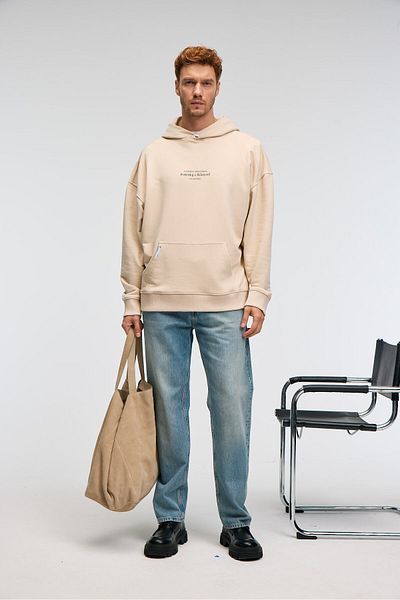 GRIMELANGE Clay Men's 100% Cotton Hooded Snap Fastener Printed Pocket Ornamental Label Cream Sweatshirt