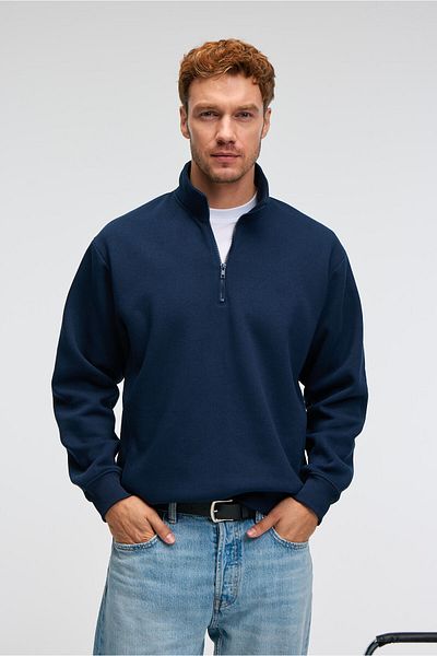 GRIMELANGE Baxter Men's Stand Collar Zippered Relaxed Navy Blue Sweatshirt
